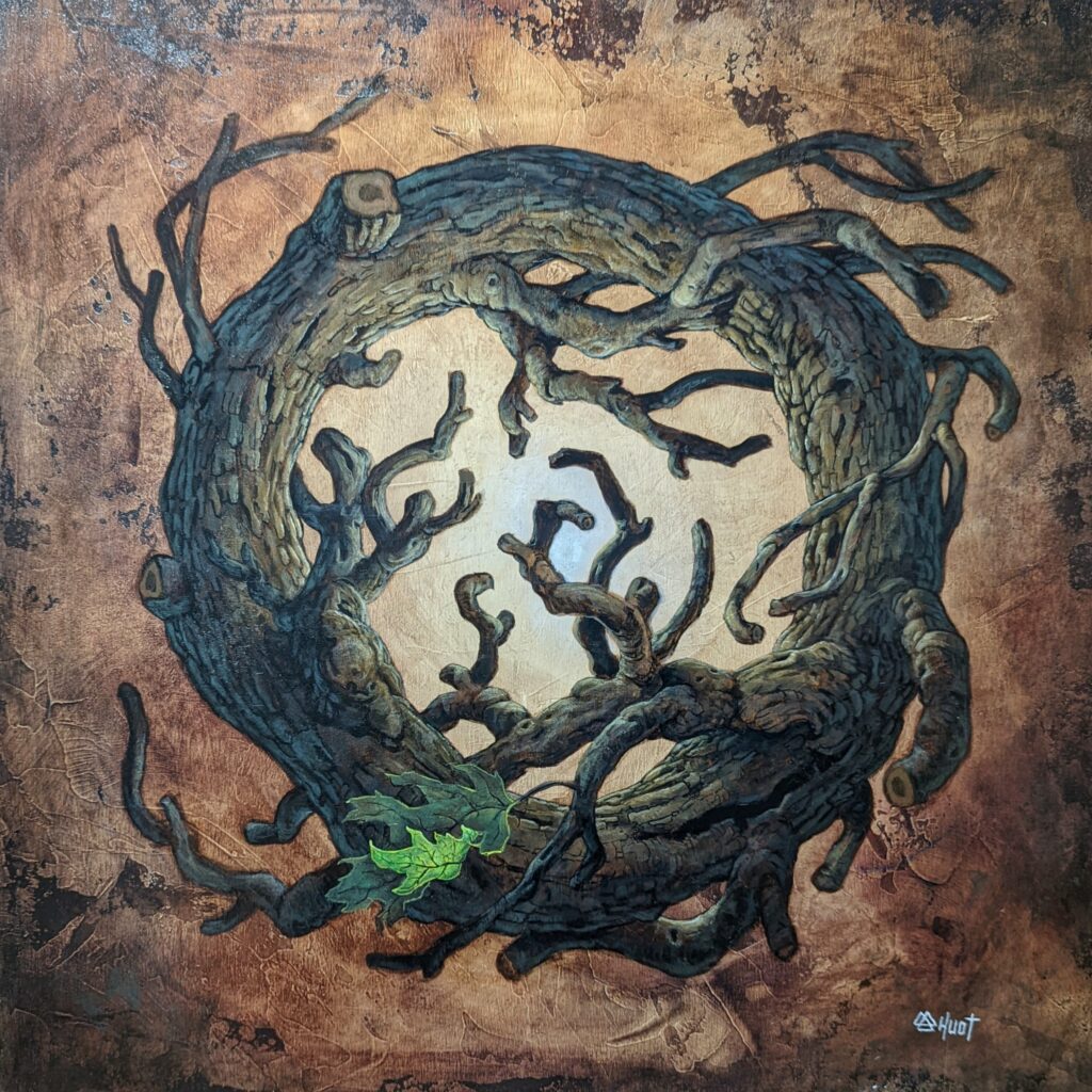 Peinture-circulaire-ouroboros-arbre-et-feuille-illuminée