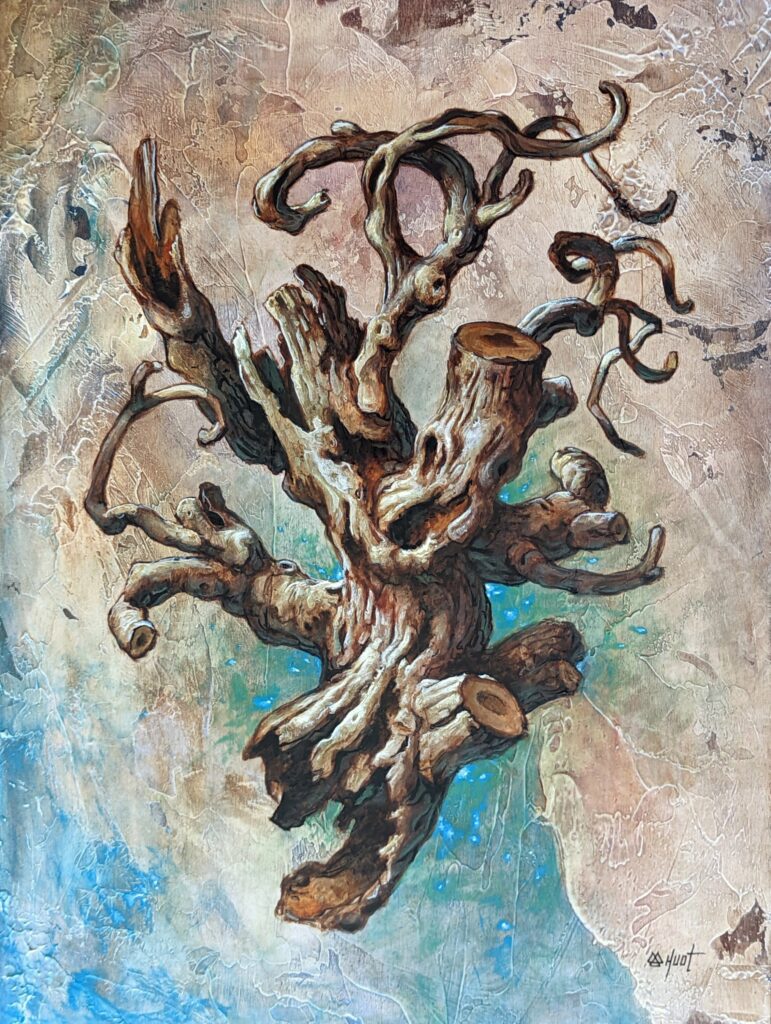 peinture-acrylique-sur-panneau-de-bois-avec-morceau-d'arbre-en-mouvement-et-énergie