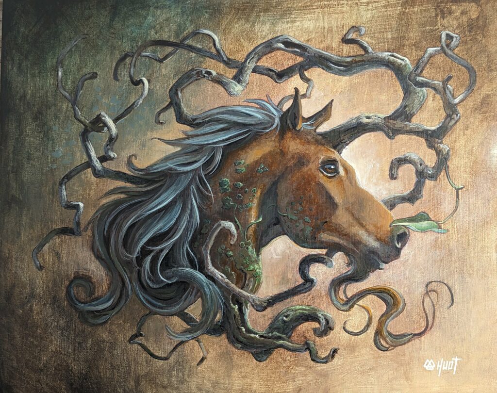 peinture-fantastique-d'un-cheval-licorne-arbre